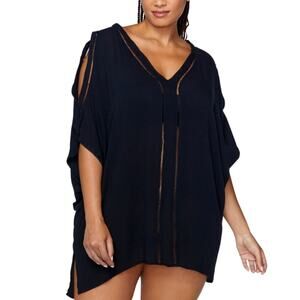 Raisins Curve Samba Caftan Cover-Up Plus 2X Black Cold Shoulder Sexy Beach Luxe